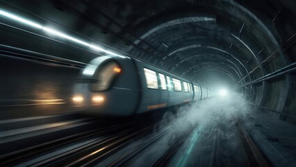 Futuristic subway train in dark tunnel