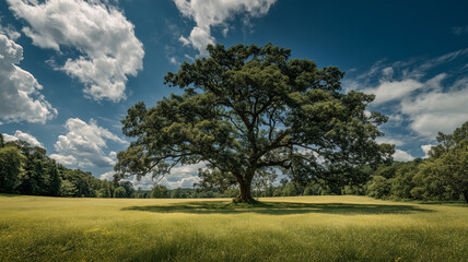 Obraz premium 夏の草原に濃い緑の一本木が立つ