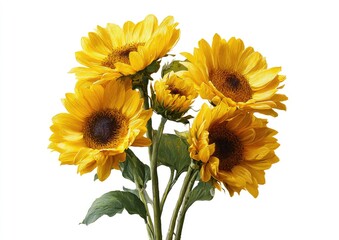 A bouquet of five vibrant yellow sunflowers