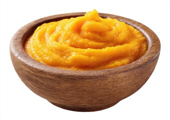 Smooth, orange puree in a wooden bowl