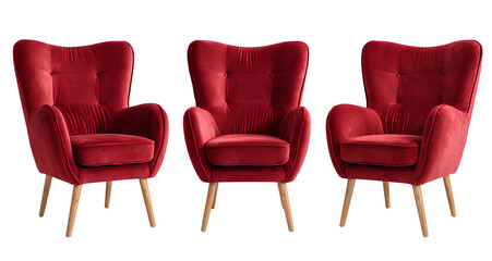red velvet armchair set isolated on a transparent background, cutout png file with a clipping path for adobe illustrator and graphic design 