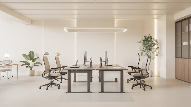 Contemporary office interior with ergonomic chairs and computer workstations desk