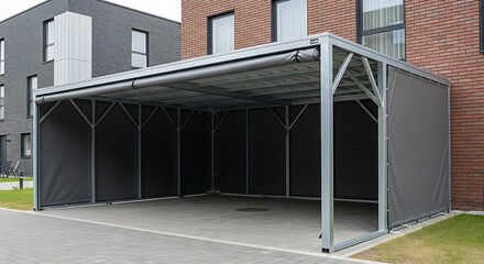 Modern Carport Structure Next to Contemporary Building.