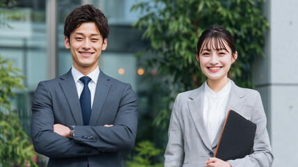 男女が若手の屋外ビジネスポートレート