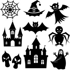 Halloween silhouette vector, Spooky silhouette vector, Ghost Vector, Spider Silhouette Vector,  Spooky halloween elements set