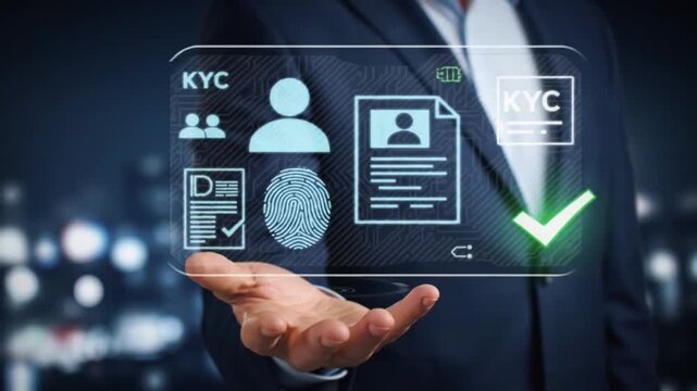 Businessman Presenting Holographic KYC Interface for Digital Identity Verification and Compliance