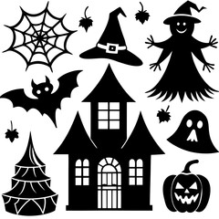 Halloween silhouette vector, Spooky silhouette vector, Ghost Vector, Spider Silhouette Vector,  Spooky halloween elements set