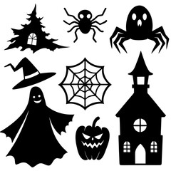 Halloween silhouette vector, Spooky silhouette vector, Ghost Vector, Spider Silhouette Vector,  Spooky halloween elements set