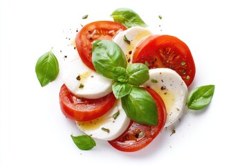 Caprese Salad close-up.  Sliced tomatoes, mozzarella, basil, drizzled with oil,  and seasonings arranged artfully
