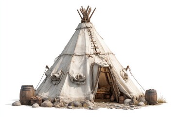 Beige canvas teepee on rocky ground