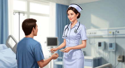 Obraz premium Nurse Providing Medication to Patient in Hospital Room Illustration