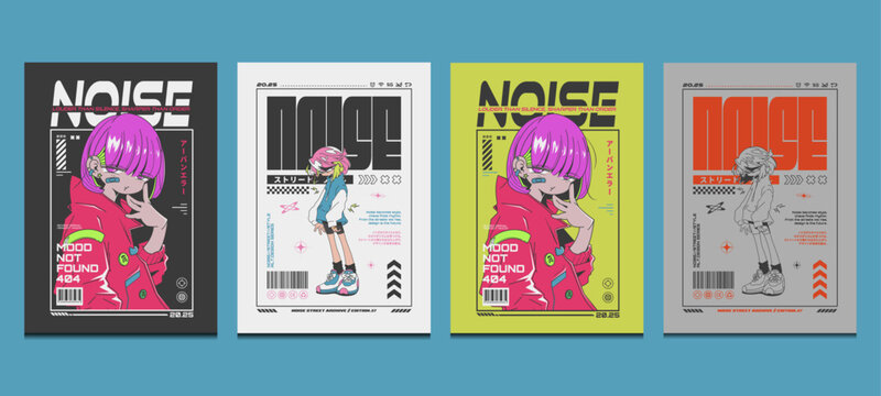 collection of cyberpunk anime posters, ideal for t-shirt, urban branding and futuristic graphic design, vector illustration