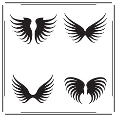 Black Winged Silhouette Icon Set – Four Different Wing Designs, Elegant and Bold, Perfect for Tattoo, Logo, or Fantasy Artwork
