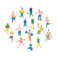 Flat colorful vector set of sport activities. Modern minimal characters running, cycling, fitness, yoga, basketball, skating, and healthy lifestyle training.