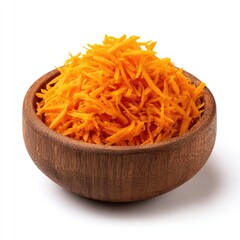 Shredded orange carrot in wooden bowl