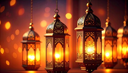 Obraz premium Intricate hanging lanterns, warm light, bokeh