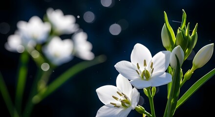 Delicate white star flowers bloom in soft focus with bokeh background