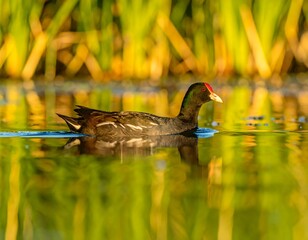 A bird glides across a tranquil pond