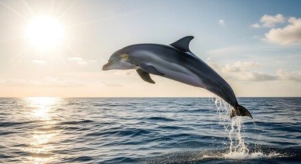 Obraz premium A dolphin leaps out of the ocean at sunset with sun flare