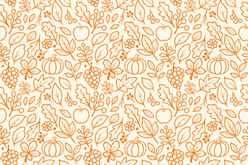 Seamless autumn pattern with pumpkins, grapes, leaves, and harvest elements in orange line art on beige background for fall, thanksgiving, and seasonal design.
