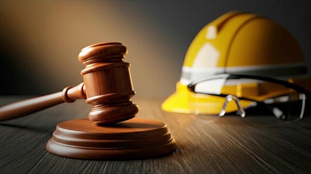 A judge's gavel on a wooden desk with a construction hard hat, symbolizing labor law, workplace safety regulations, and construction justice.