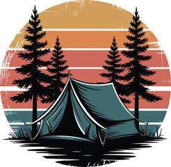 Camping in the Sunset Retro Illustration
