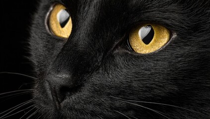 Close-up view of a black cat's face, highlighting the intricate details of its fur and luminous golden eyes.