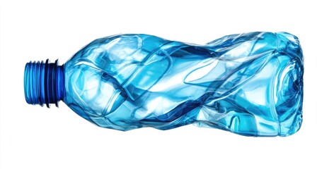 Twisted, distorted blue plastic water bottle on white background