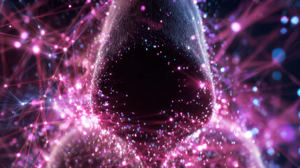 Dark hooded figure dissolving into glowing data points and neon network symbolizing anonymous cyberattacks and cybercrime activity