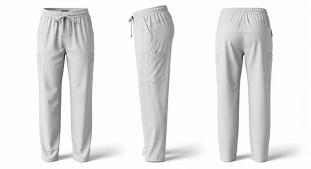 Three views of light gray jogger-style medical scrub pants with drawstring waist and cargo pockets isolated on white.