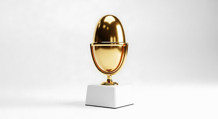 A shiny golden microphone trophy sits on a white pedestal against a bright white background studio shot