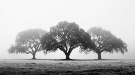 Naklejka premium Three majestic oaks stand in a field shrouded in dense fog. A grayscale landscape of quiet contemplation