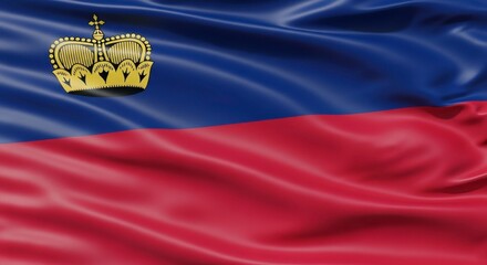 A digitally rendered image of the flag of liechtenstein with a golden crown emblem