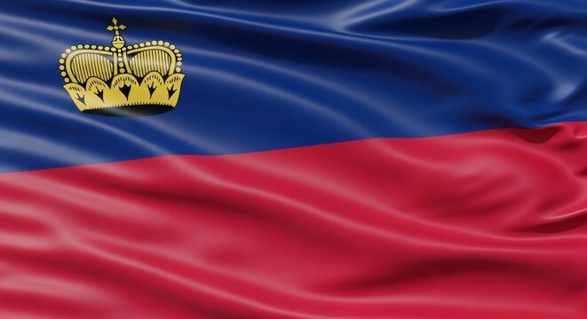 A digitally rendered image of the flag of liechtenstein with a golden crown emblem - Powered by Adobe