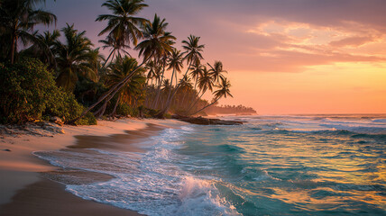 夕暮れの海辺に椰子の木が影を落とす