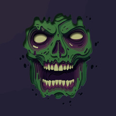 Spooky paper cut zombie face with glowing eyes on dark background