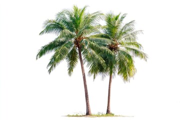 Two coconut palms against a white background. Lush green fronds and trunks.  Isolated image