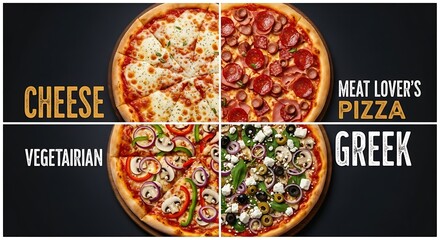 Pizza Variety - Cheese, Meat Lovers, Vegetarian, and Greek.