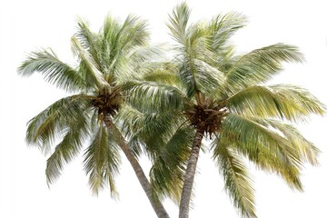 Fototapeta premium Two coconut palms against a white background. Lush green fronds, light and airy, reach upward. Trunks meet in middle ground