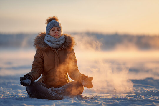 Woman meditating in snow during winter sunset with calm expression