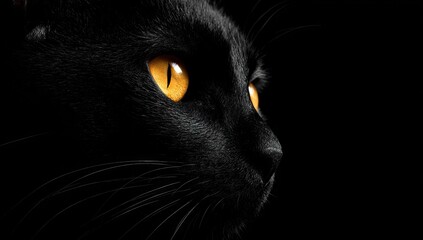 A close-up profile view of a black cat, showcasing intense, golden-yellow eyes in stark contrast to the dark background.