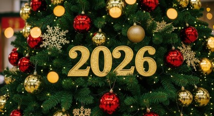 Christmas tree decorated with ornaments and the year 2026