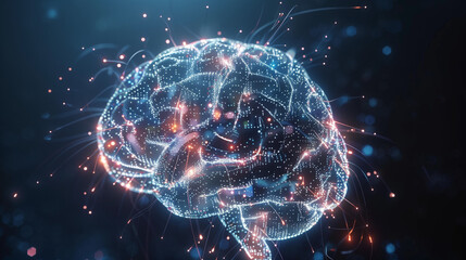 An abstract representation of a brain hologram glows with luminous colors, displaying intricate light patterns and connectivity