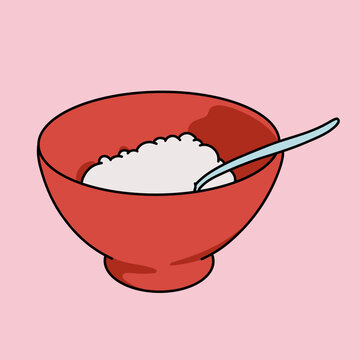 Minimalist Red Bowl with White Food and Fork on Pink Background