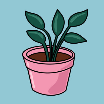 Minimalist Plant Illustration on a Pink Pot in Light Blue Bakgrpund