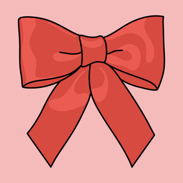 Red Satin Ribbon with Bow Vector Icon on Pink Background