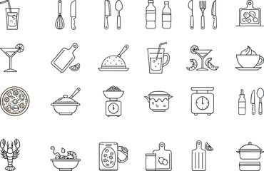 Food preparation and drink icons collection, including kitchen tools, pizza, beverages, utensils, and cooking essentials, perfect for restaurant designs.