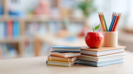 Red apple on stack of notebooks with pencils in classroom. Concept of back to school, teacher’s day, and education learning symbol