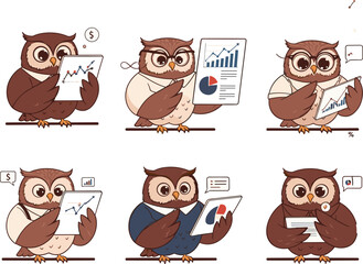 Owl cartoon illustration, business analysis scenes, financial character design, data report graphics, vector set for corporate and economic content