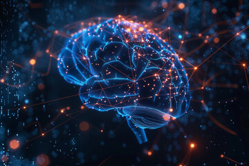 An abstract representation of a brain illuminated with digital glowing effects illustrates complex neural connections and data patterns